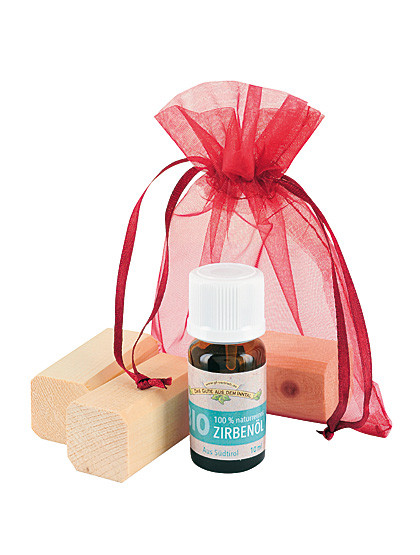 Geschenkset Zirbe, 10 ml Bio-Zirbenöl, 3 Zirbenklötze