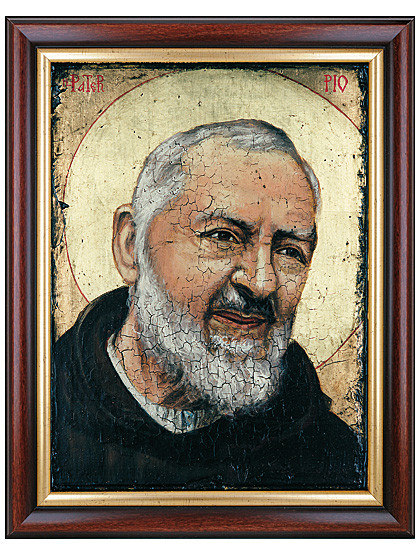 Pater Pio-Bild im Echtholzrahmen, 37 x 47 cm
