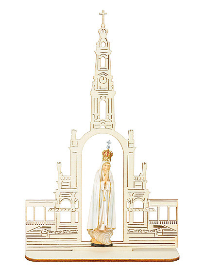 Unsere Liebe Frau von Fatima mit Basilika, Holzschnitzkunst, 20 x 13 cm