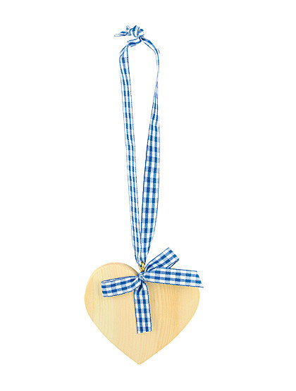 Zirbenholz-Herz mit blauem Band, 10 cm