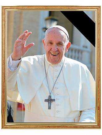 Papst Franziskus-Bild mit Trauerflor im Holzrahmen, 23 x 28 cm